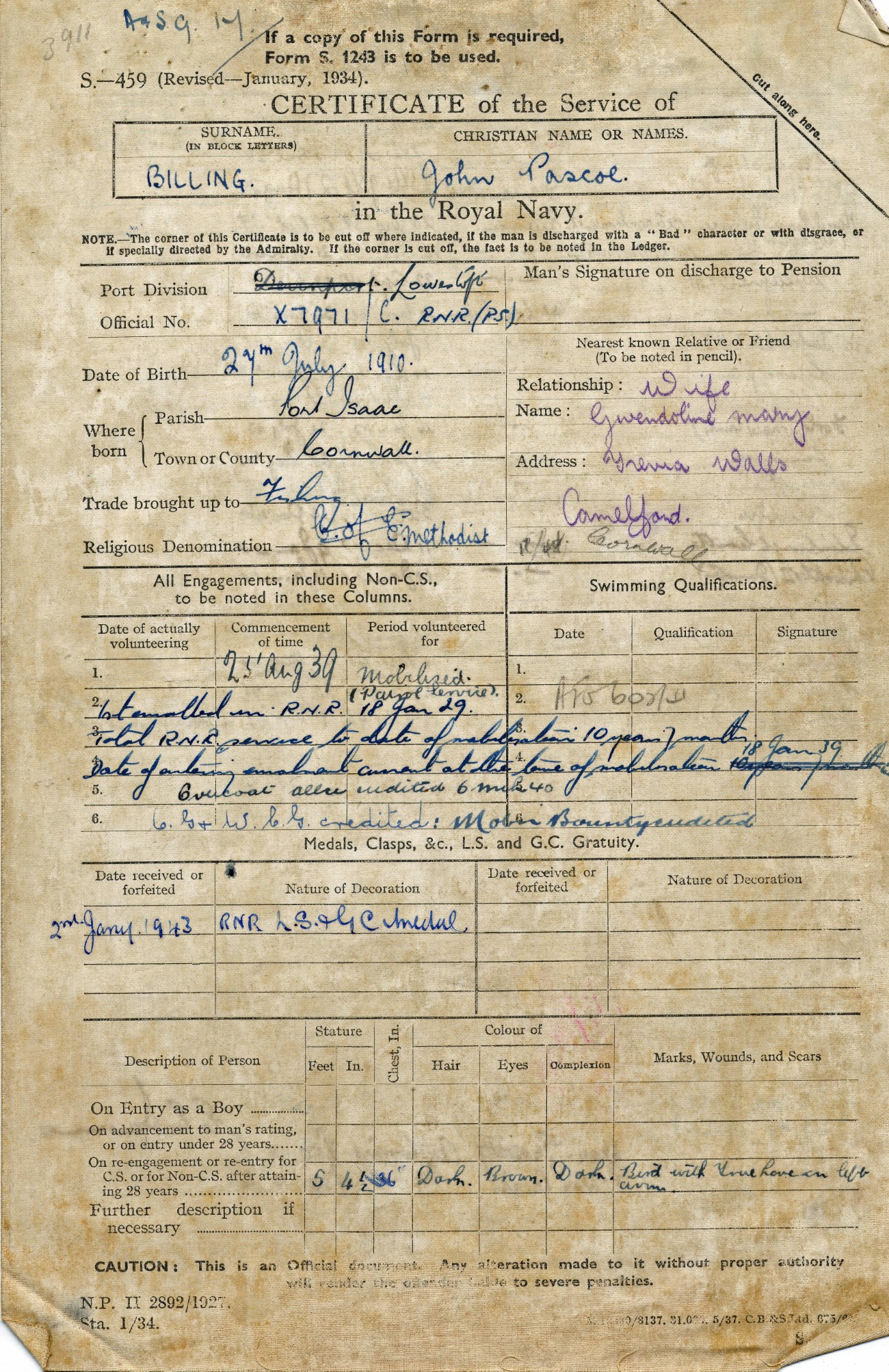 John Pascoe Billing's Royal Naval service record