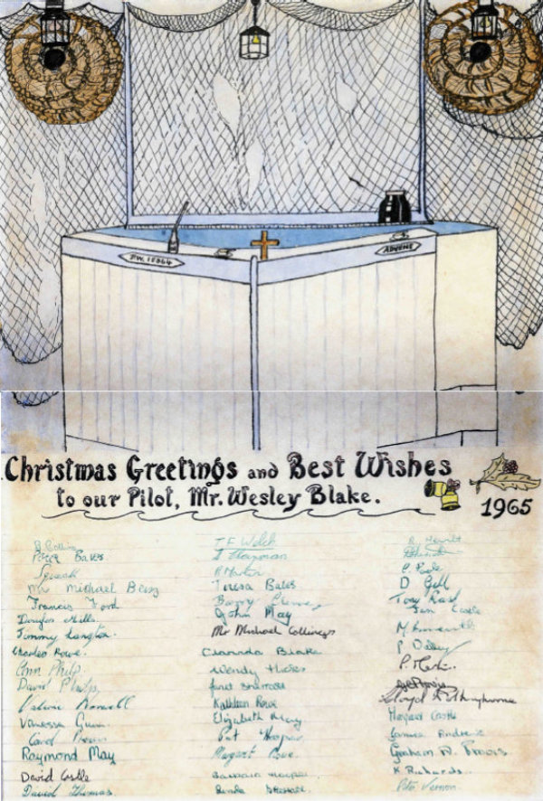 Port Isaac Youth Club's Christmas Greeting to their 'Pilot', 1965
