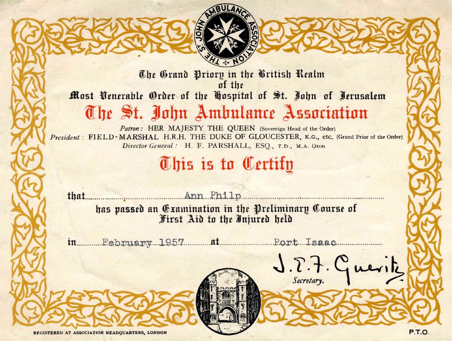 St Johns Ambulance Certificate
