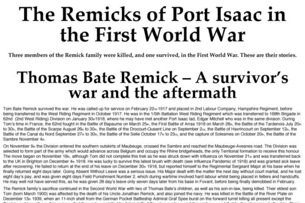 The Remicks of Port Isaac in the First World War