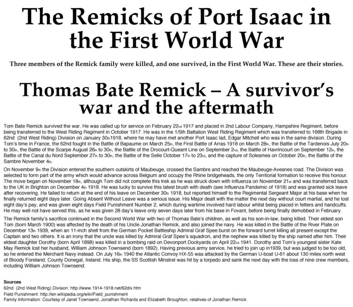 The Remicks of Port Isaac in the First World War