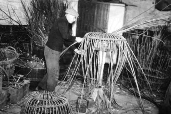 Tom Brown making lobster pots, c1955