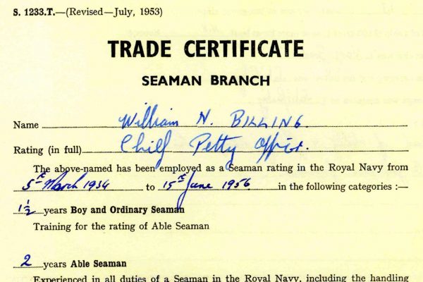 Trade Certificate for William Nicholas Billing