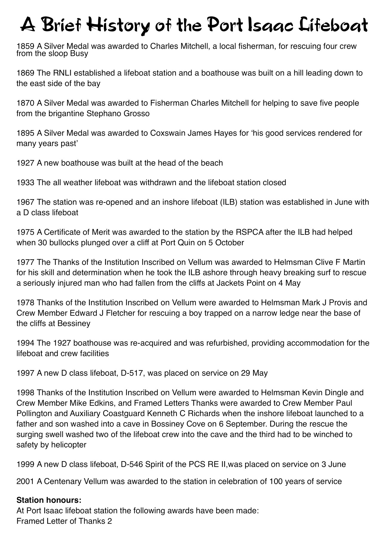 A Brief History of the Port Isaac Lifeboat