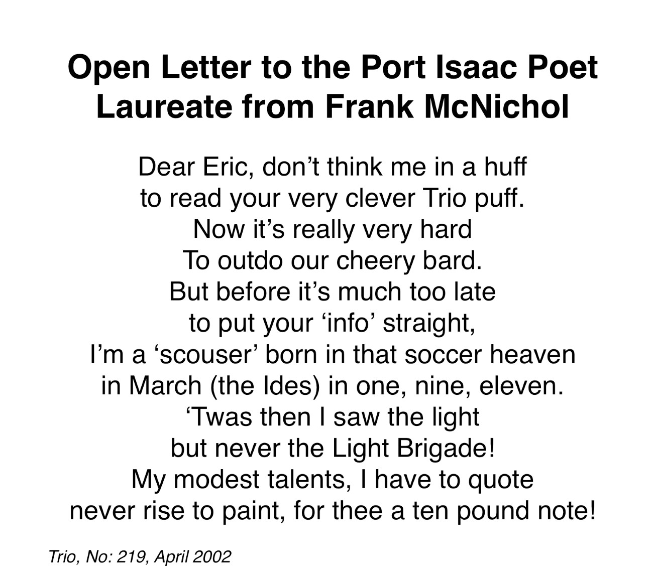 An Open Letter to the Port Isaac Poet Laureate from Frank McNichol