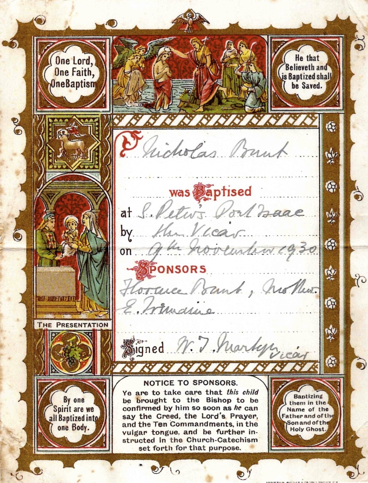 Certificate of Baptism of Nicholas Bunt