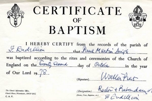 Certificate of Baptism of Paul Dingle