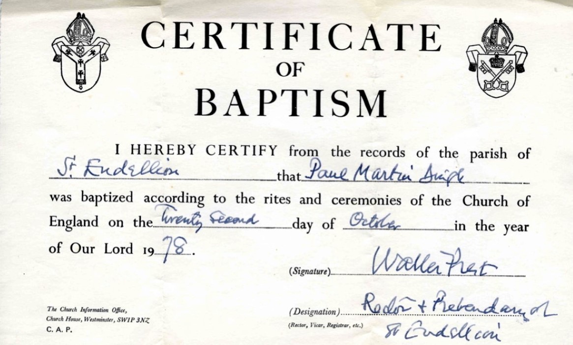 Certificate of Baptism of Paul Dingle