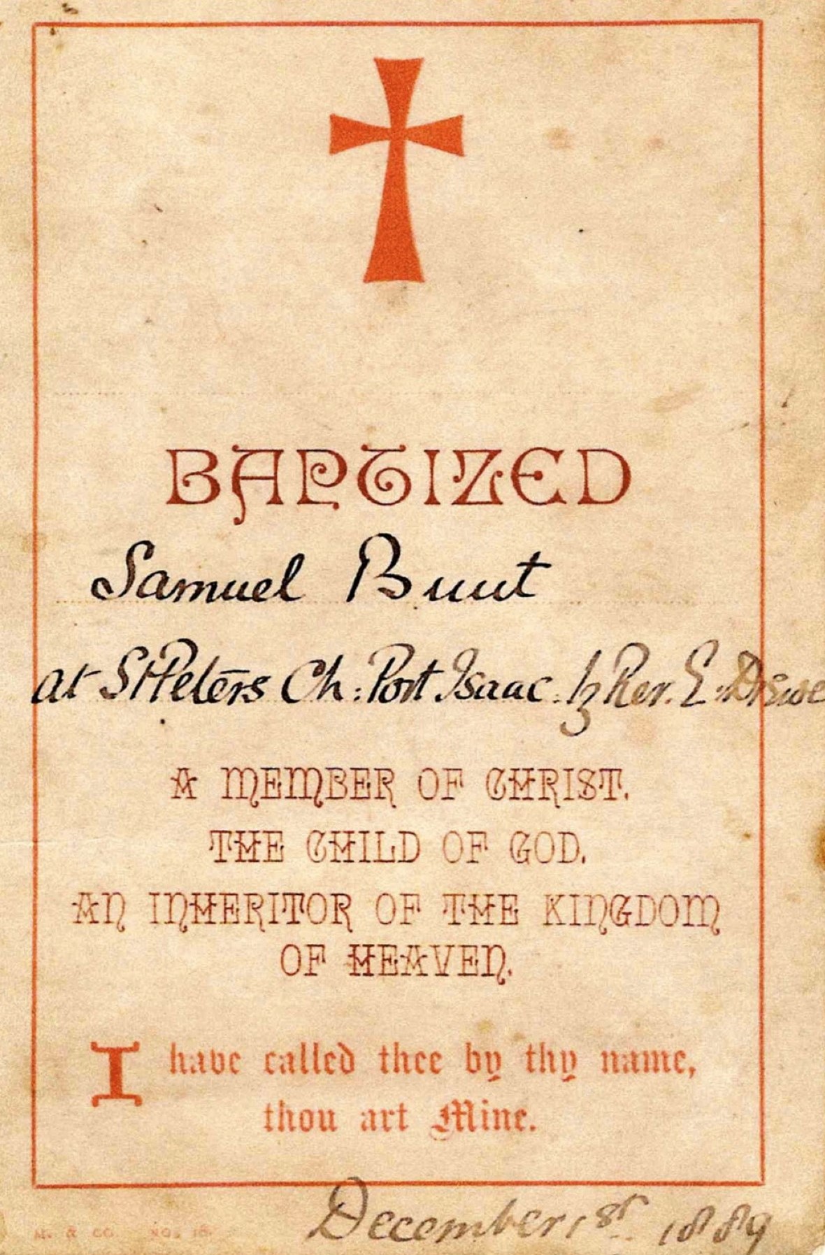 Certificate of Baptism of Samuel Bunt