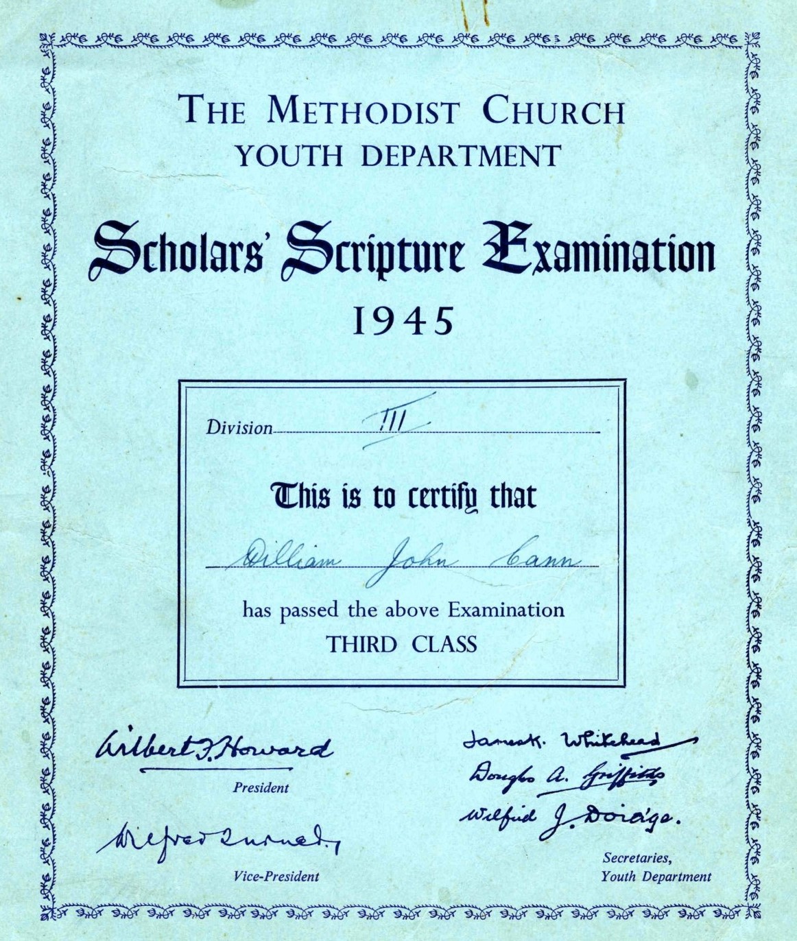 Scholar's Scripture Examination Certificate 1945