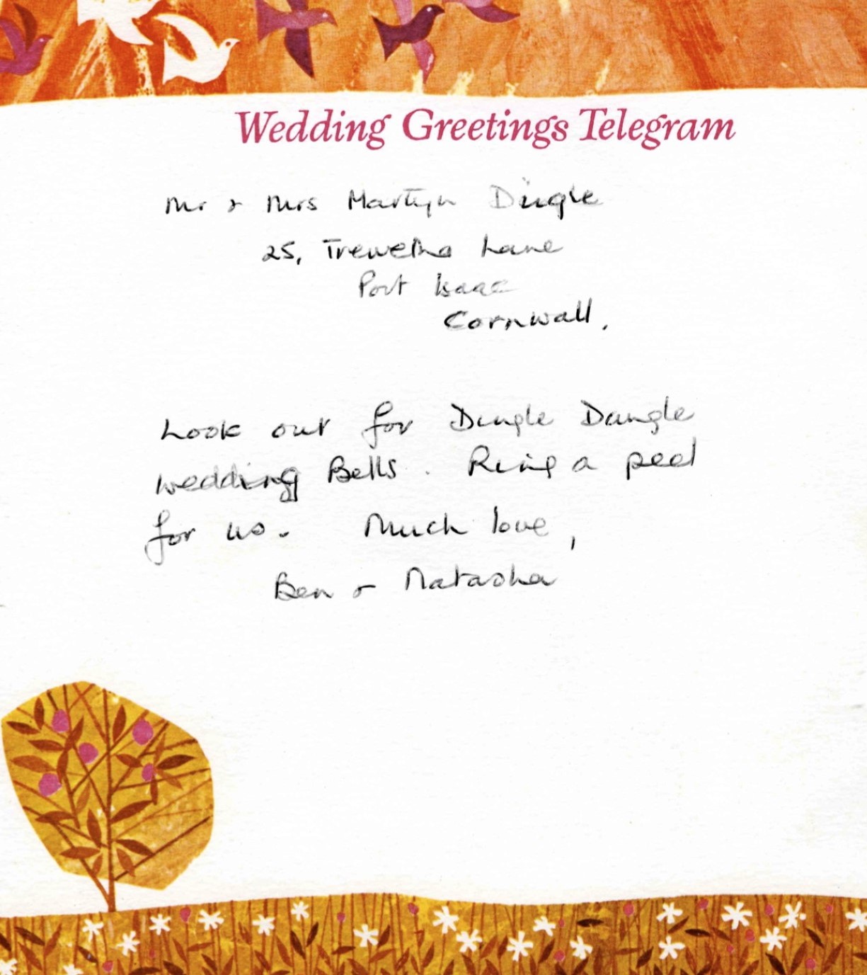 Wedding Day telegram to the new Mr & Mrs Dingle